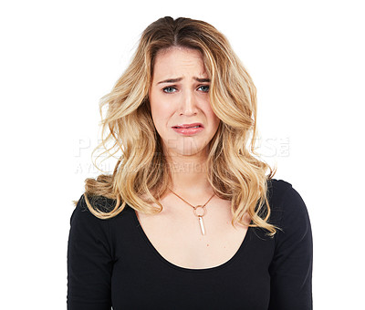 Buy stock photo Sad, crying and studio portrait of woman with mental health problem, depression or upset over crisis. Tears, emotional pain and face of model depressed over fail mistake isolated on white background