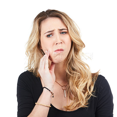 Buy stock photo Woman, toothache and angry face for dental care, tooth decay or healthcare wellness isolated in white background. Young female, dentist and female emergency or mouth problem frustrated in studio 
