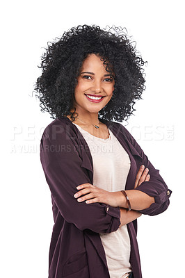 Buy stock photo Fashion, portrait and black woman with arms crossed in studio isolated on a white background. Makeup cosmetics, beauty and happy young female model from Brazil in stylish, trendy or designer clothing