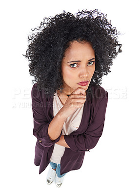 Buy stock photo Black woman, thinking face and hands with top view for idea, question or doubt isolated in white background. African girl, thoughtful vision and questioning decision or pensive thoughts in studio