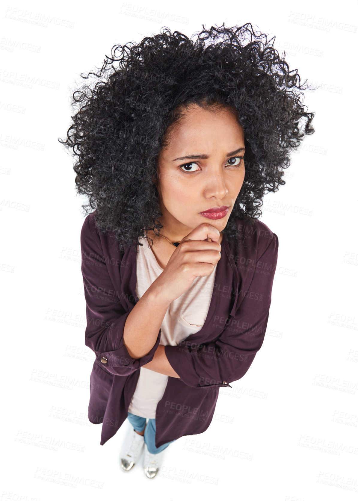 Buy stock photo Black woman, thinking face and hands with top view for idea, question or doubt isolated in white background. African girl, thoughtful vision and questioning decision or pensive thoughts in studio