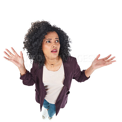 Buy stock photo Doubt, confused and black woman with shrug thinking of problem, dilemma or risk of decision. Anxiety, stress and puzzled model unsure of choice expression on isolated studio white background.