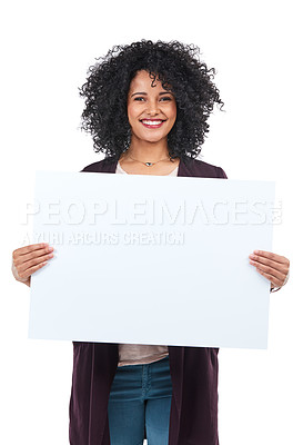 Buy stock photo Portrait, sign and black woman with mockup poster, marketing or advertising space isolated on white background in studio. Product placement, branding and female with banner for mock up or promotion.