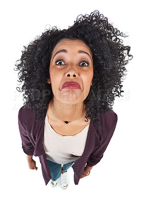 Buy stock photo Sad, face and woman overhead disappointed and feeling unhappy isolated against a studio white background. Portrait, top view and frustrated young person is moody, annoyed or in fear due to fail