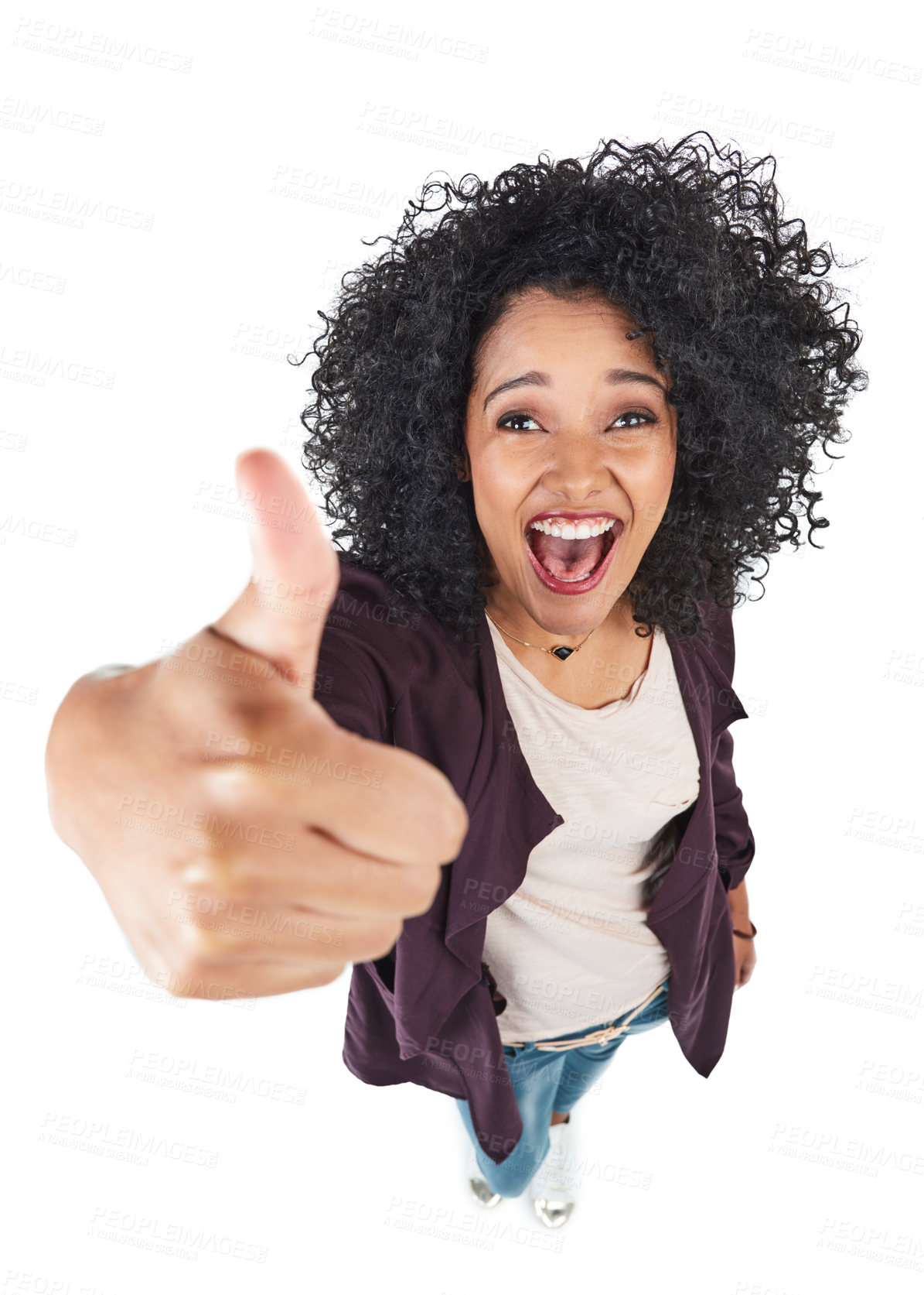 Buy stock photo Portrait, thumbs up top view and woman in studio isolated on a white background. Thank you, thumbsup and black female employee with hand gesture for success, support or motivation, yes or like emoji.