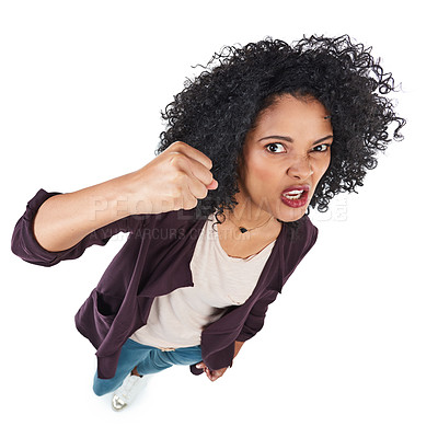 Buy stock photo Angry, crazy and portrait of a black woman with a fist for a fight isolated on a white background. Conflict, anger and African girl frustrated, threatening and violent on a studio background