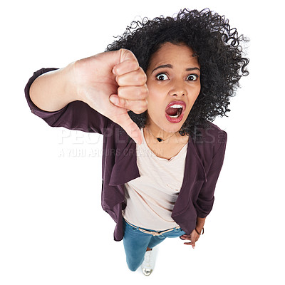 Buy stock photo Portrait, thumbs down and top view of black woman in studio isolated on white background. Dislike emoji, failure hand gesture and angry female with sign for disagreement, rejection or negative review