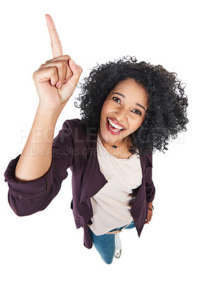 Buy stock photo Portrait, pointing and excited with a model black woman in studio isolated on a white background from above. Face, point and direction with a female on blank space for marketing or advertising