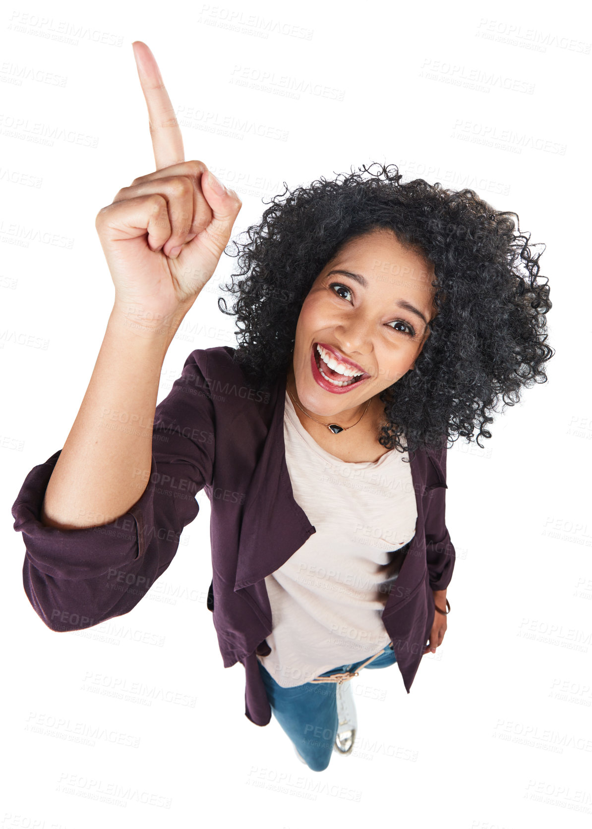 Buy stock photo Portrait, pointing and excited with a model black woman in studio isolated on a white background from above. Face, point and direction with a female on blank space for marketing or advertising