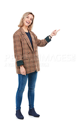 Buy stock photo Fashion portrait, woman and pointing to mockup in studio isolated on a white background. Product placement, marketing promotion and happy young female show mock up for advertising space or branding.