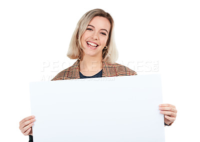 Buy stock photo Portrait, sign and woman with poster for mockup, marketing or advertising in studio isolated on a white background. Face, branding and female with banner for product placement, mock up or promotion.