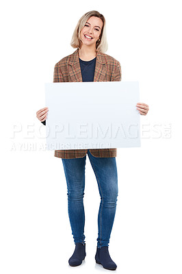 Buy stock photo Portrait, poster and woman with sign for mockup, marketing or advertising space in studio isolated on a white background. Branding, product placement and female with banner for mock up or promotion.