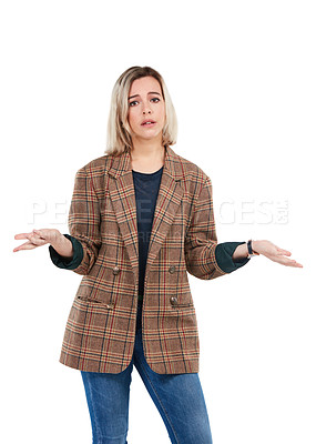 Buy stock photo Sad, confused and portrait of girl with shrug for problem, dilemma or unhappy with decision expression. Doubts, uncertain and depressed woman unsure of choice on isolated studio white background.