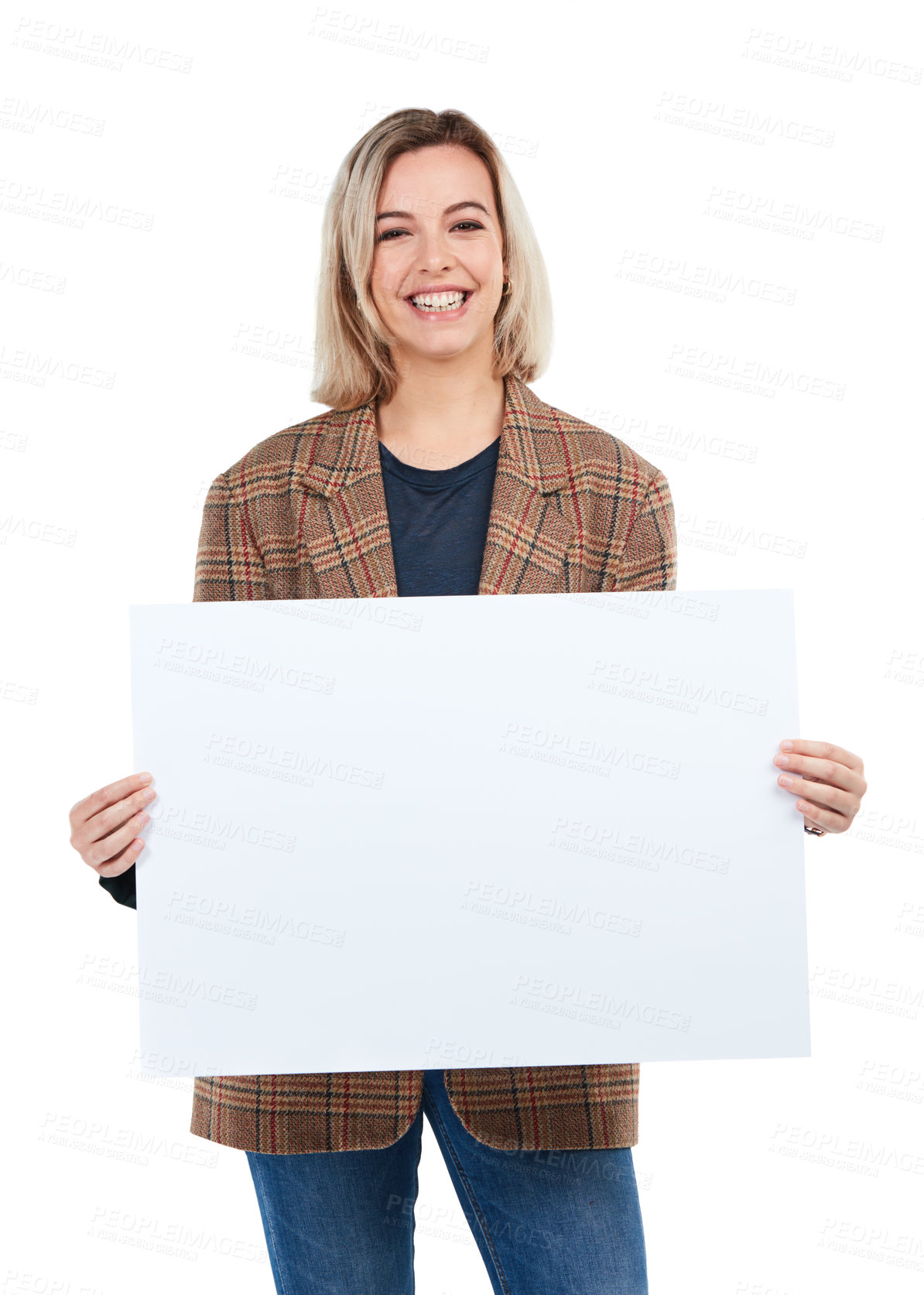 Buy stock photo Portrait, sign and woman with poster for mockup, marketing or advertising space in studio isolated on a white background. Product placement, branding and female with banner for mock up or promotion.