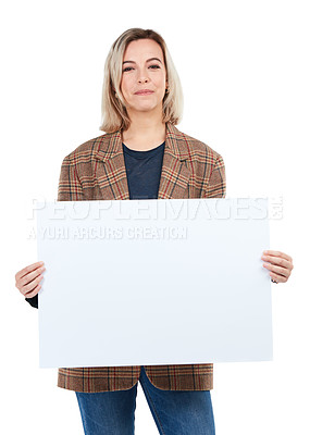 Buy stock photo Poster, portrait and woman with sign for mockup, advertising or marketing space in studio isolated on white background. Branding, product placement and female with empty banner for promotion mock up.