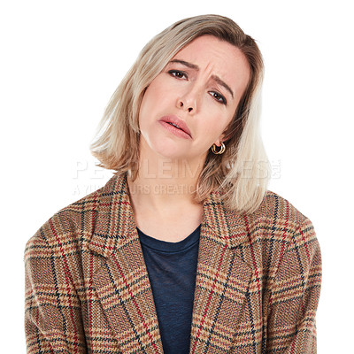Buy stock photo Portrait, sad or white background and a woman isolated in studio with an unhappy or negative expression. Face, sadness and depression with an unhappy young female posing on blank branding space