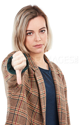 Buy stock photo Thumbs down, fail and portrait of woman in studio isolated on white background. Face, dislike hand gesture and sad female model with failure emoji, bad or disagreement, rejection or negative review.