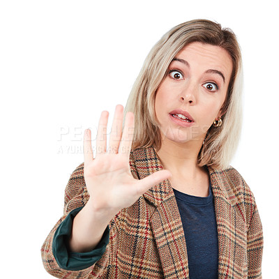 Buy stock photo Portrait, woman and hand, stop and warning in studio for sign or wait gesture on white background. Face, hands and girl showing palm for reject, prohibited and emoji with serious order while isolated