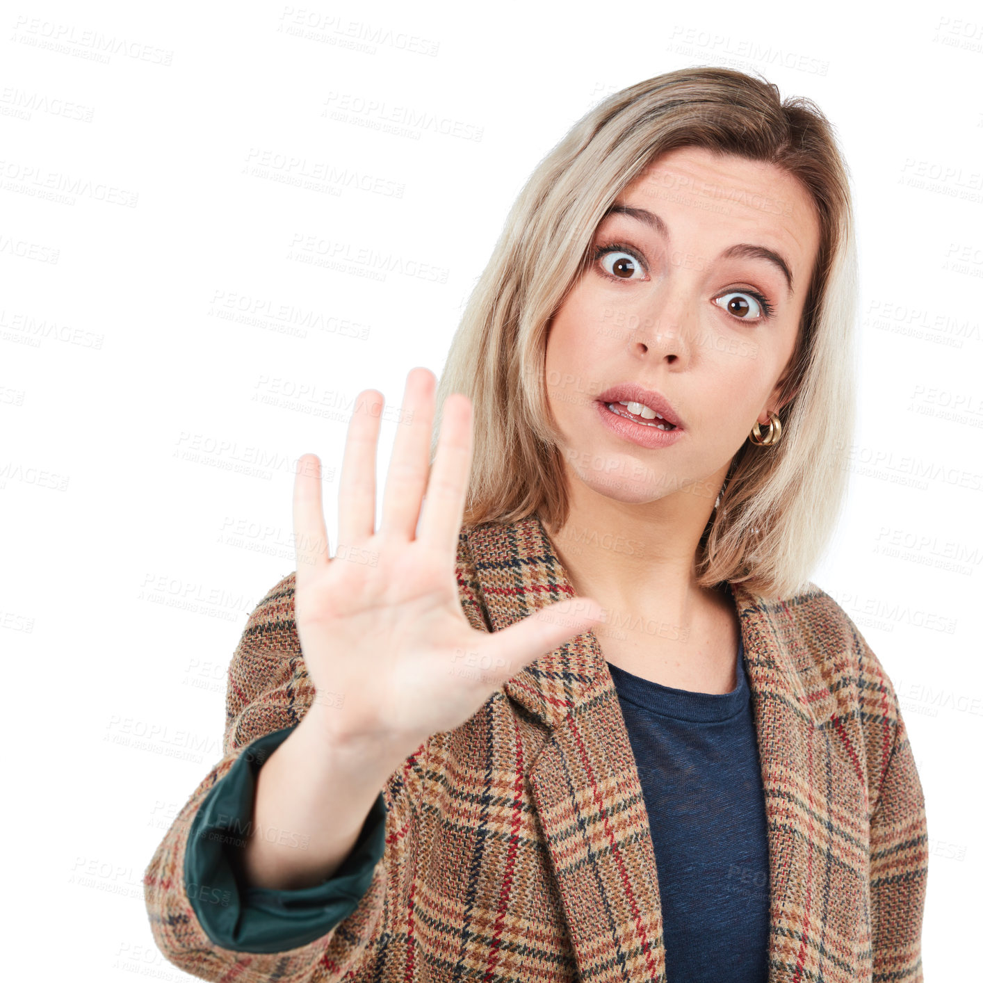 Buy stock photo Portrait, woman and hand, stop and warning in studio for sign or wait gesture on white background. Face, hands and girl showing palm for reject, prohibited and emoji with serious order while isolated