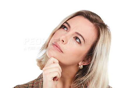 Buy stock photo Mockup, woman or thinking for idea, focus or decision with person isolated on white studio background. Female, girl or concentration for planning, wonder or thoughtful lady with mindset on backdrop