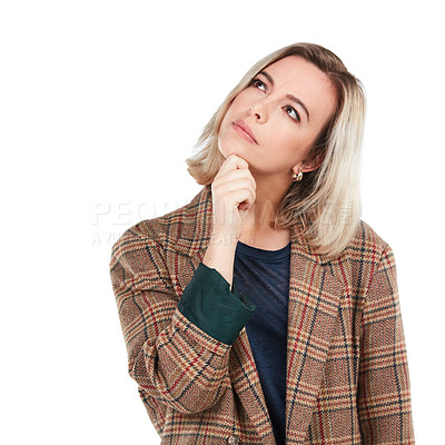 Buy stock photo Thinking, mockup and logo with a woman in studio isolated on a white background for branding. Idea, marketing and advertising with a female posing on blank product placement space to promote a brand
