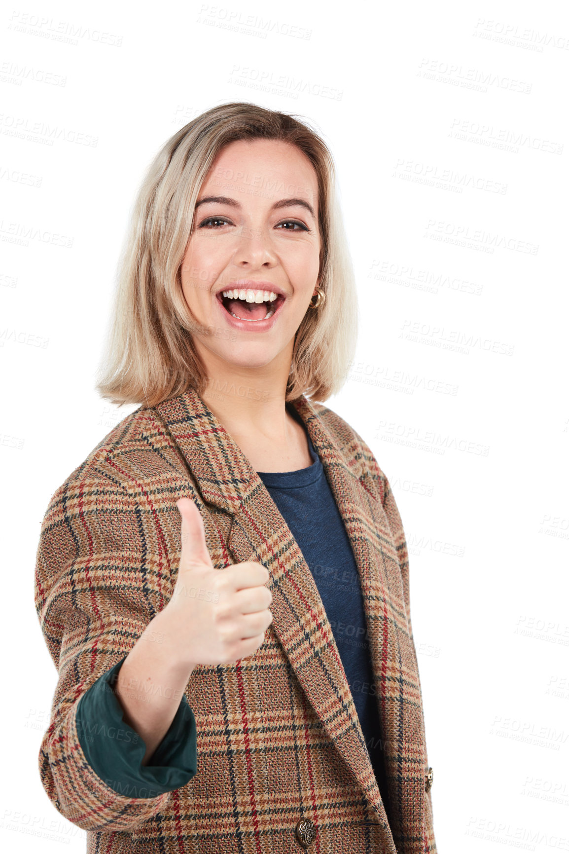 Buy stock photo Thumbs up, portrait and success of woman in studio on a white background. Ok hand gesture, like emoji and happy female model with thumbsup for motivation, support or approval, thank you or agreement.