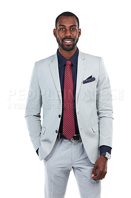 Buy stock photo Businessman, success and CEO portrait with leadership, executive smile with vision isolated on white background. Black man, black business and professional corporate boss, career goals with mindset