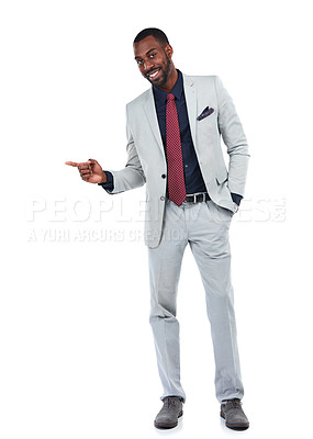 Buy stock photo Portrait, young or businessman pointing finger on isolated white background at marketing space or advertising mockup. Smile, happy or corporate worker with showing hands gesture at mock up sales deal