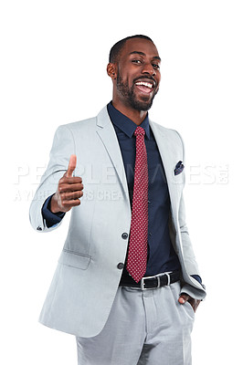 Buy stock photo Portrait, handshake and welcome with a business black man in studio isolated on a white background for marketing. Meeting, thank you and b2b with a male employee shaking hands on blank space