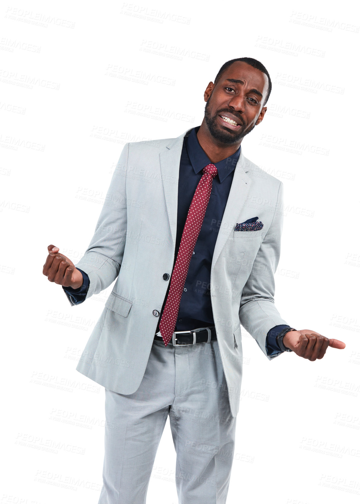 Buy stock photo Portrait, businessman or mistake facial expression on isolated white background in finance loss, crisis or problem. Stress, anxiety or corporate worker burnout in stock market crash or financial risk