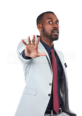 Buy stock photo Fear, portrait and stop hand of businessman for warning, problem or protection sign of people in studio. Corporate black person with anxiety, stress and worry at isolated white background.

