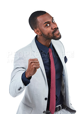 Buy stock photo Fist, angry and portrait of a businessman in a studio with a upset, mad or annoyed face expression. Stress, frustrated and African male model with hand for conflict fight isolated by white background