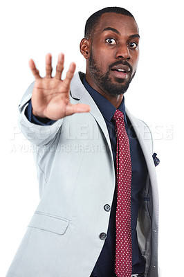 Buy stock photo Ceo, portrait and black man with stop hand for warning, problem or protection sign of people. Corporate person with anxiety, stress and worry expression at isolated studio white background

