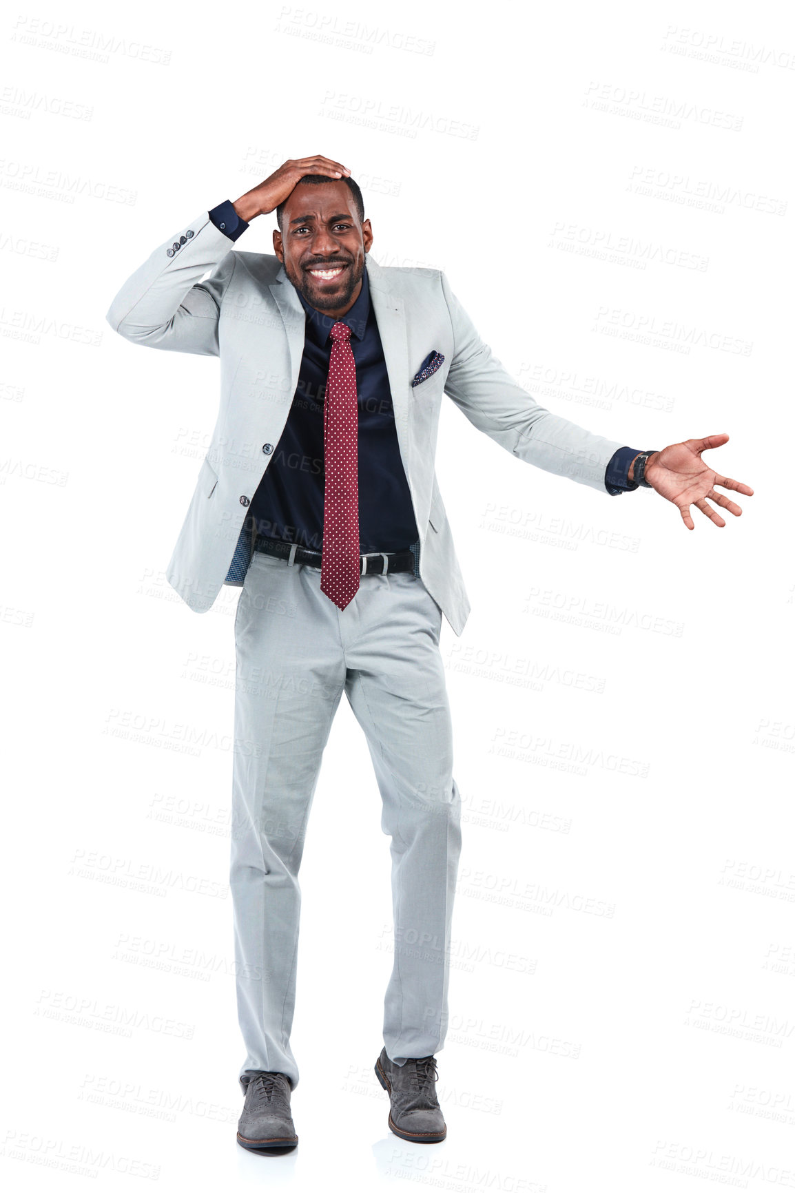 Buy stock photo Portrait, businessman or stress facial expression in mistake, financial crisis mockup or investment stock loss. Anxiety, panic or scared corporate worker and hand on head on isolated white background