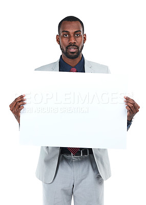 Buy stock photo Portrait, businessman or paper poster for marketing space, advertising mockup or promotion mock up. Corporate worker, banner or blank billboard sign on isolated white background for about us branding