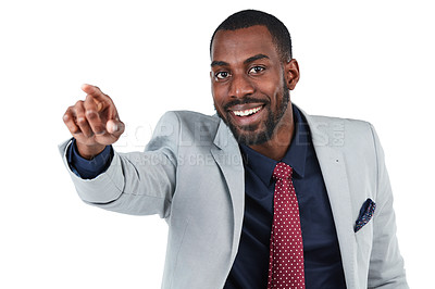 Buy stock photo Businessman, portrait or pointing at studio space, advertising mockup or isolated white background. Smile, happy or corporate worker with showing hands gesture at sales deal, mock up or promotion