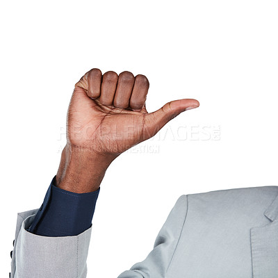 Buy stock photo Business man, hand and pointing finger sign for choice mockup isolated on white background. Hands of male entrepreneur show symbol, emoji or gesture communication for vote and option in studio