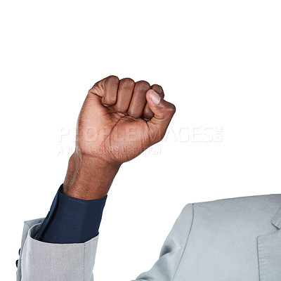 Buy stock photo Black man, hand and fist in empowerment, equality or business motivation of human rights and black lives matter. Zoom, corporate worker and solidarity gesture in support on isolated white background