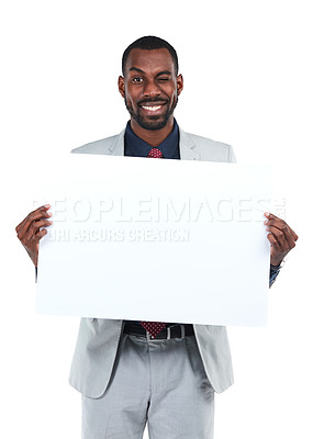 Buy stock photo Portrait, businessman or wink for poster billboard deal, marketing space promotion or advertising paper mock up. Happy corporate worker, banner and blank branding mockup on isolated white background