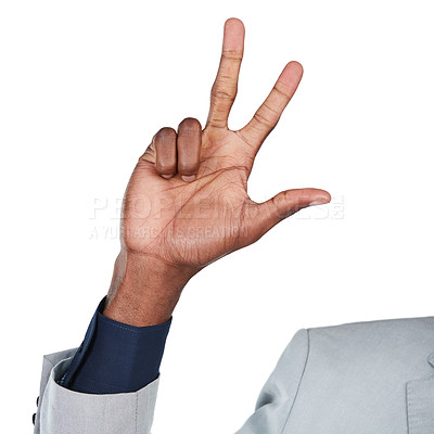 Buy stock photo Business man, hand and number three sign isolated on white background for communication. Hands of male entrepreneur show signal, emoji or gesture to countdown for success, sale or time in studio