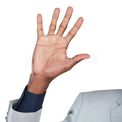 Buy stock photo Business man, hand and high five sign of a corporate worker with hands zoom. Isolated, white background and palm of a black person entrepreneur with sign language and number countdown in studio 