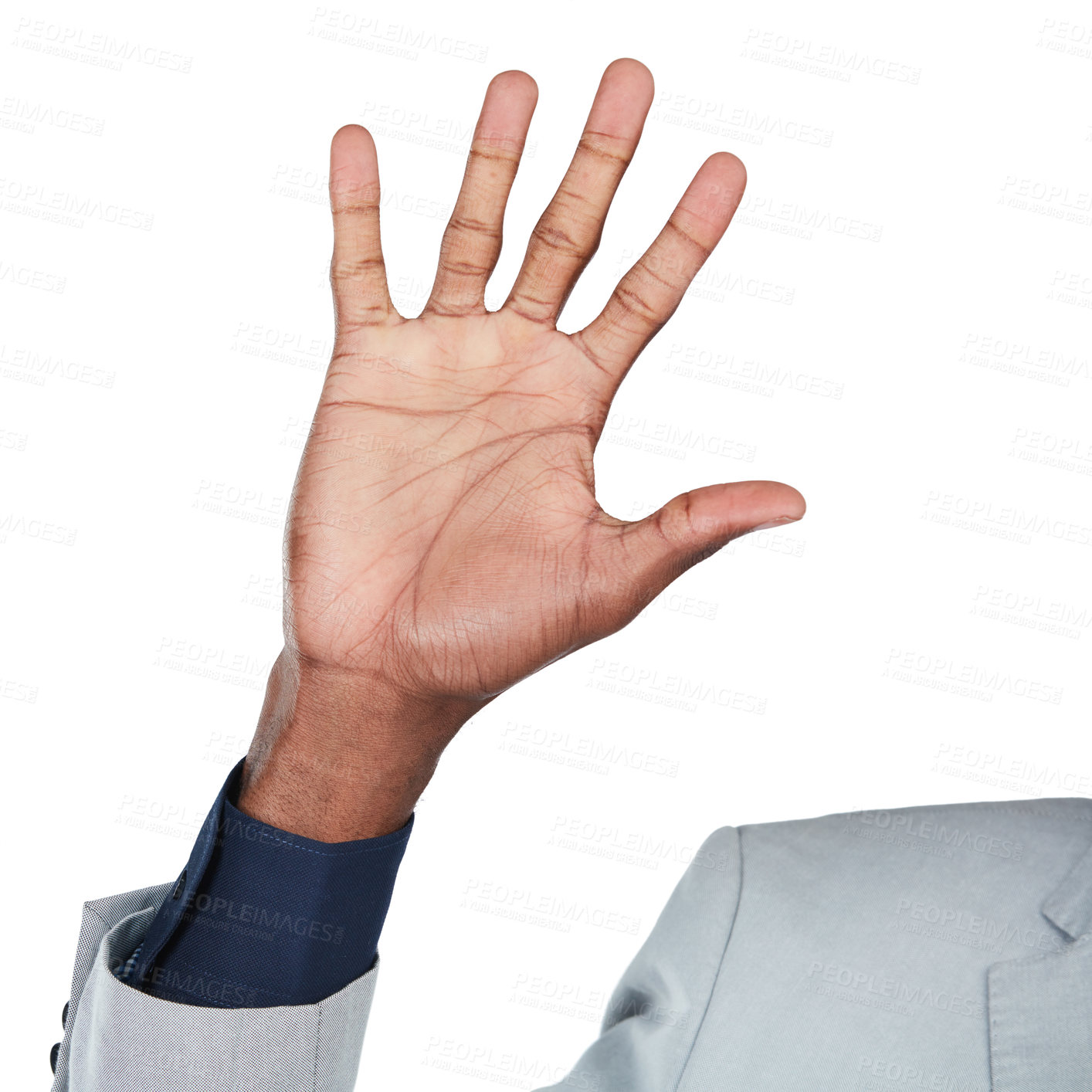 Buy stock photo Business man, hand and high five sign of a corporate worker with hands zoom. Isolated, white background and palm of a black person entrepreneur with sign language and number countdown in studio 