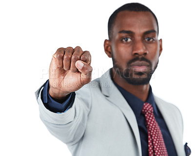 Buy stock photo Portrait, hand or fist in empowerment, equality or business protest of human rights or black lives matter. Strong man, corporate worker or solidarity gesture in support on isolated white background