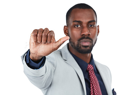 Buy stock photo Portrait, thumbs up or sign language with a business black man in studio isolated on a white background. Hand, gesture and decision with a male employee on blank space for a review or feedback