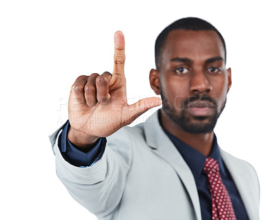 Buy stock photo Hand, loser and fail with a business black man in studio isolated on a white background to gesture an L sign. Social media, emoji and review with a male employee giving feedback on blank space