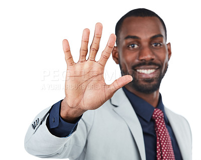 Buy stock photo Portrait, business and black man wave, welcome and guy isolated on white studio background. Employee, African American male and entrepreneur with gesture, greeting and happiness on studio backdrop