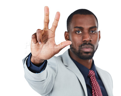 Buy stock photo Business man, three hand sign and portrait of a corporate employee in a professional suit. Serious face, white background and isolated worker black man model showing numbers with hands and mock up 