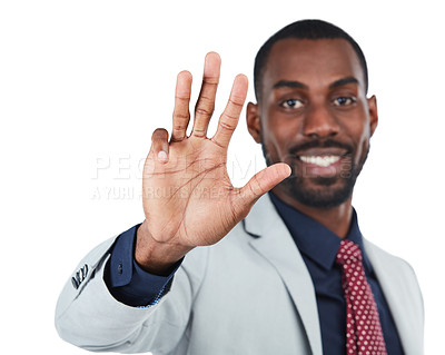 Buy stock photo Black man, business portrait and hand to show fingers, sign or numbers isolated on white background. Hands of male entrepreneur show symbol, emoji or gesture communication for counting four in studio