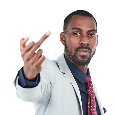 Buy stock photo Portrait, hand and middle finger with a business black man in studio isolated on a white background. Face, emoji or rude and a male employee on blank space with a bad, negative or serious attitude