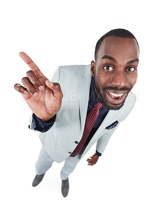 Buy stock photo High angle, portrait or worker pointing finger on isolated white background, marketing space or advertising mockup. Smile, happy or corporate businessman in creative pov, mock up or show hand gesture